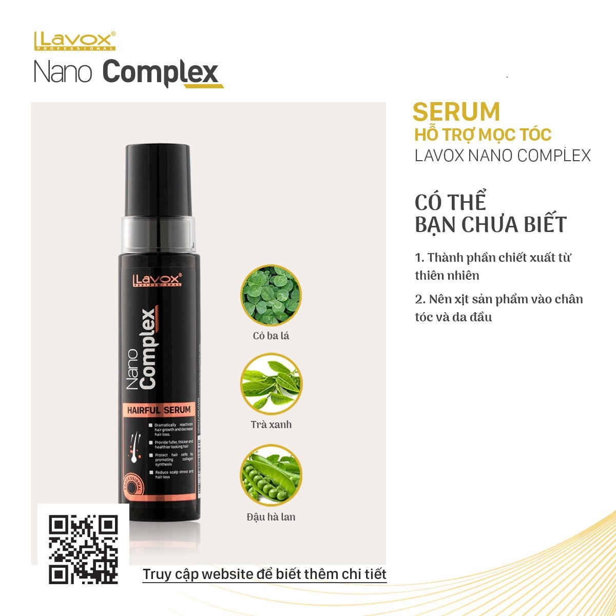 alt text: Hình ảnh 3 thành phần chính của serum Lavox Nano Complex: cỏ ba lá, trà xanh và đậu hà lan