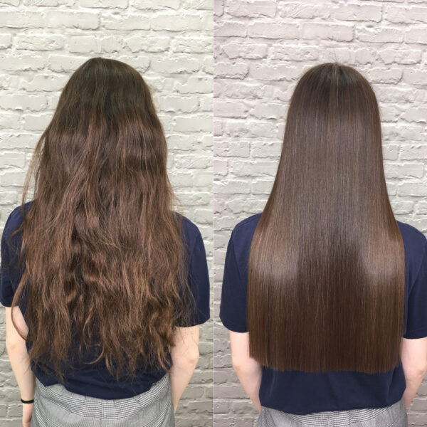 Phương pháp keratin phục hồi sự mềm mại của tóc: mái tóc trước khi điều trị keratin (bên trái), mái tóc sau khi điều trị keratin (bên phải)